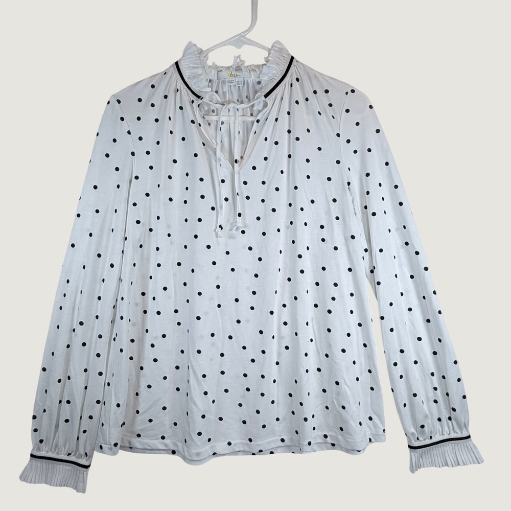 Boden Ruffle Neck Blouse Women 6 White Black Polka Dot Tie Long Sleeve J0354